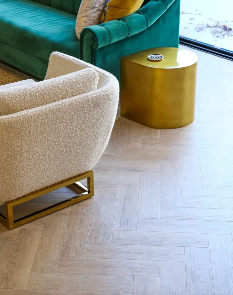 Herringbone wood-effect flooring in a living room